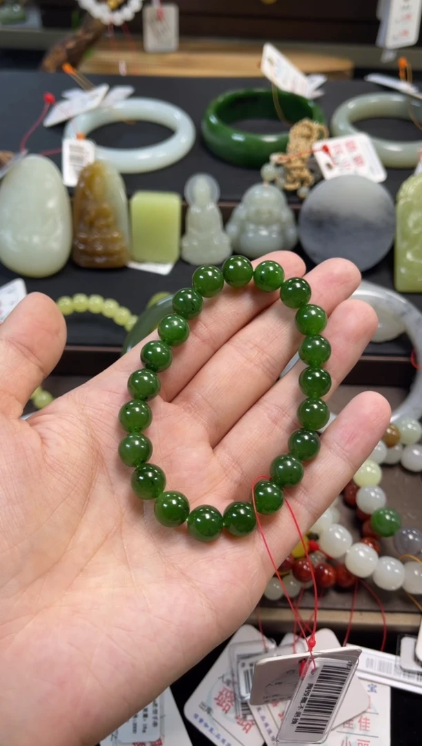 未镶嵌手串和田玉卡9+俄料碧玉 圆珠9016195