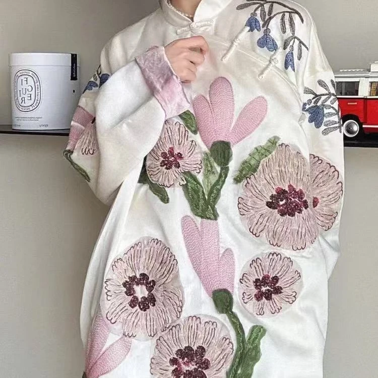 刘雯同款（3122）2024新款时尚新中式花朵刺绣长袖旗袍连衣裙女装