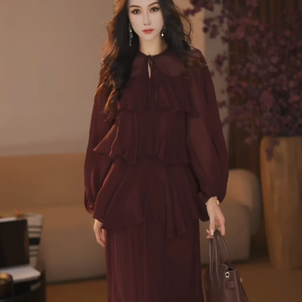 【袁小姐】塞纳河畔 夏季法式复古垂感百搭收腰半裙上衣套装-HZ955