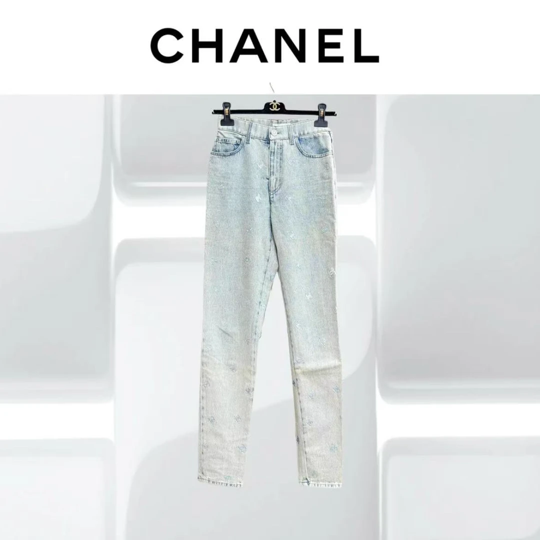 99新 Chanel/香奈儿 34码21K亮片双C浅蓝色渐变牛仔裤