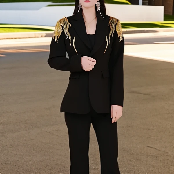 火焰刺绣带亮片长袖气质洋气休闲秋款修身显瘦时尚女神套装秋冬