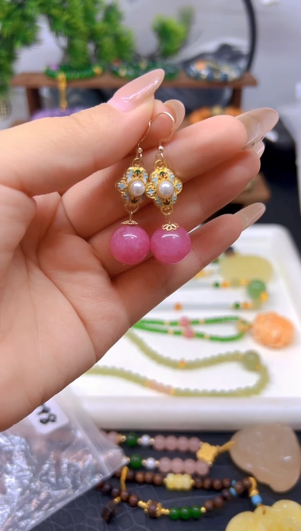 菱锰矿（红纹石）14K金镶嵌耳坠E798