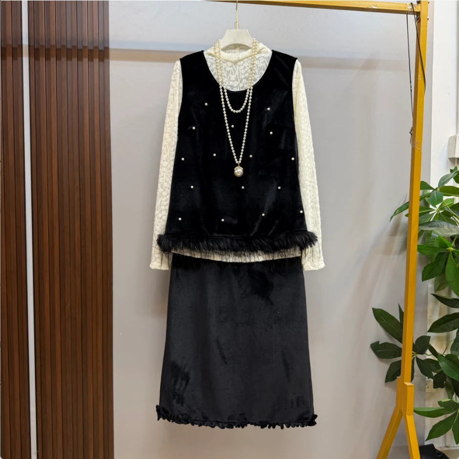 秋冬微胖新款时尚气质优雅轻奢马甲十蕾丝打底衫十半身裙显瘦套装