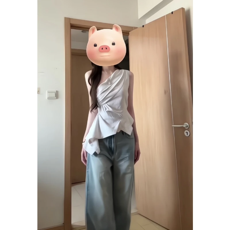 MARIE.COCO单肩不规则条纹拼接设计感衬衫搭配宽松阔腿裤两件套