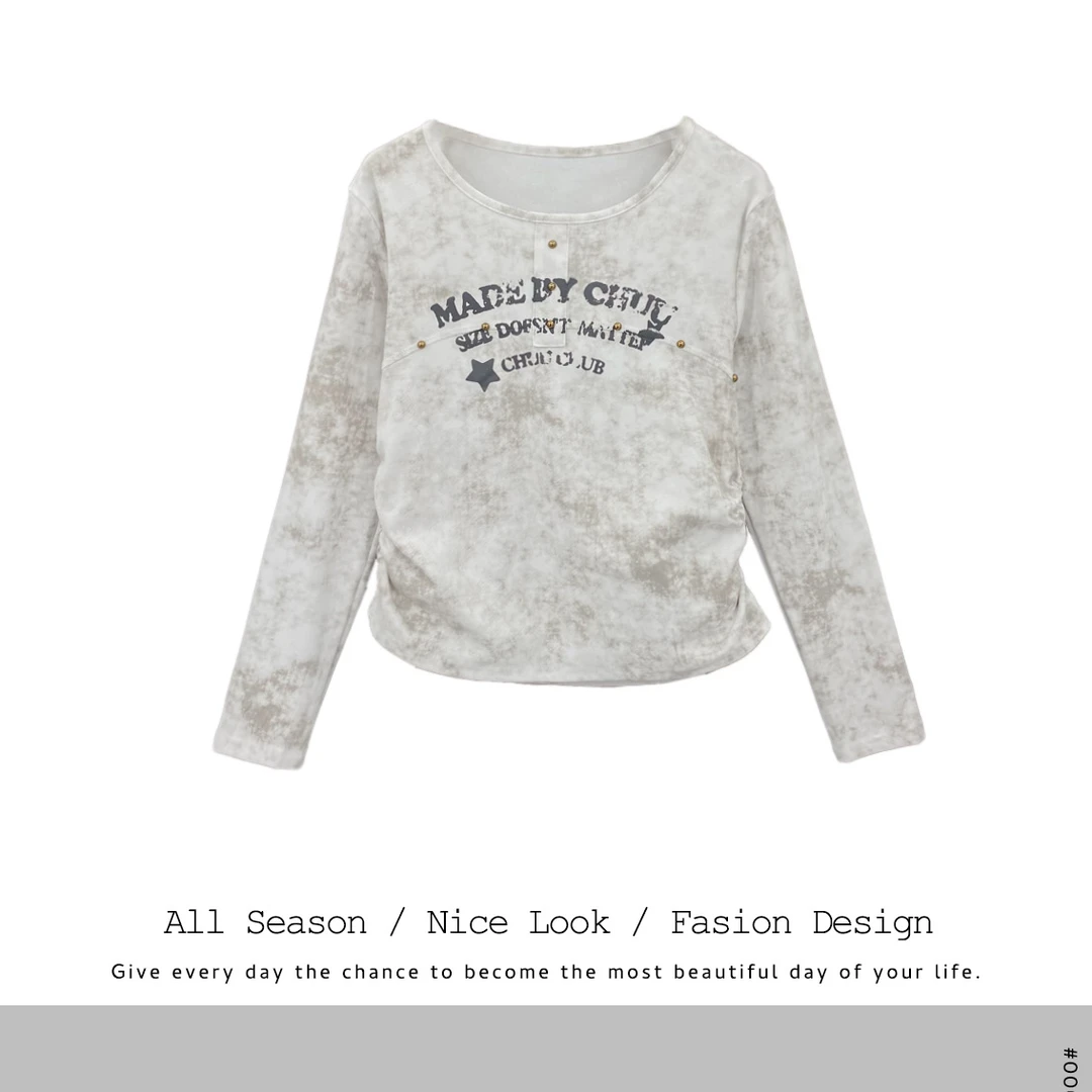 734 美式复古扎染长袖t恤女2025新款时尚百搭修身打底衫上衣#6206