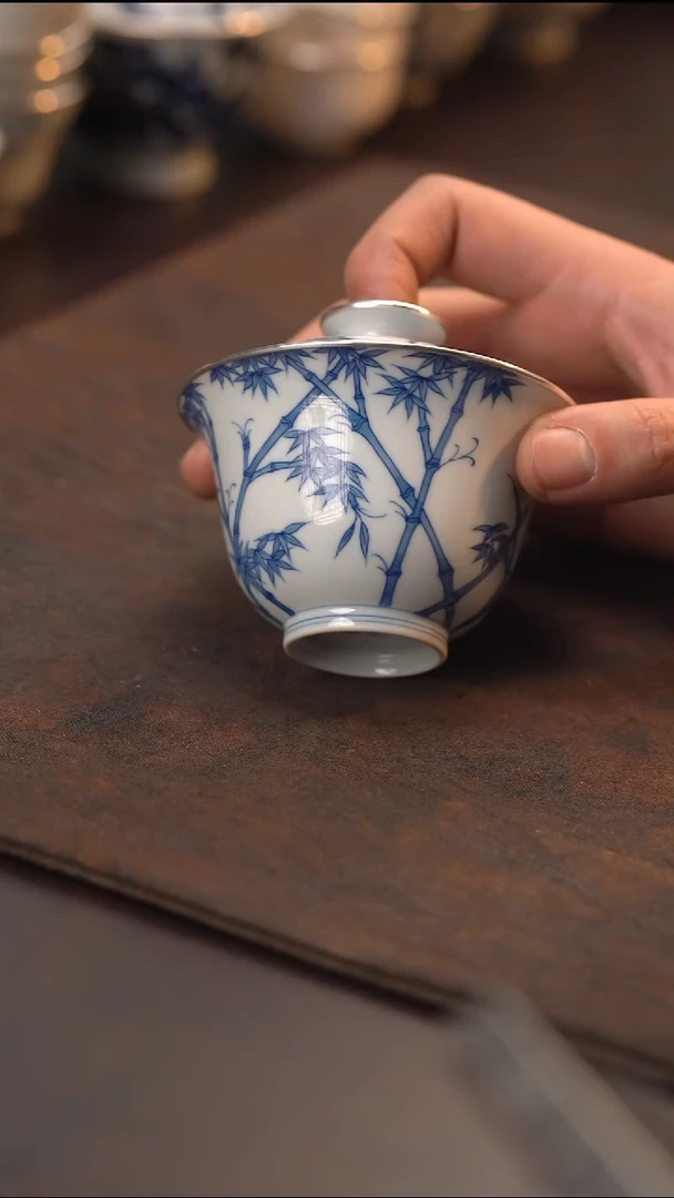 手绘仿明竹子盖碗三包银口