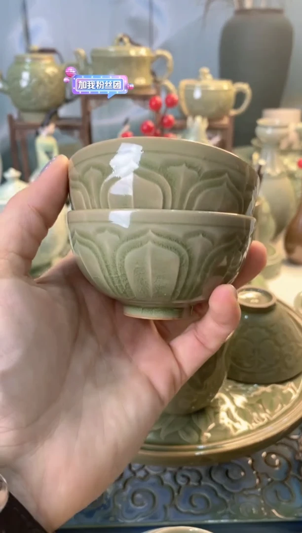 耀州窑微瑕处理TS033半圆莲瓣杯 2只