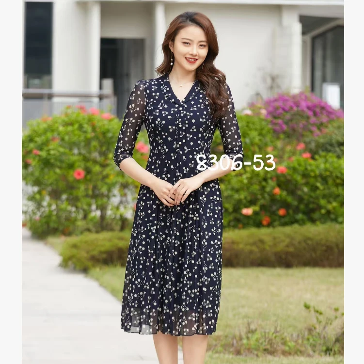 中年妈妈装收腰中长款七分袖台湾纱女装连衣裙8306