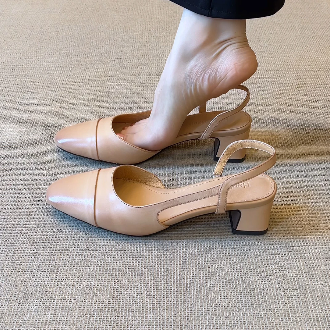 RubyL/4.5cm法式复古风圆头擦色后绊带松紧带舒适百搭包头凉鞋