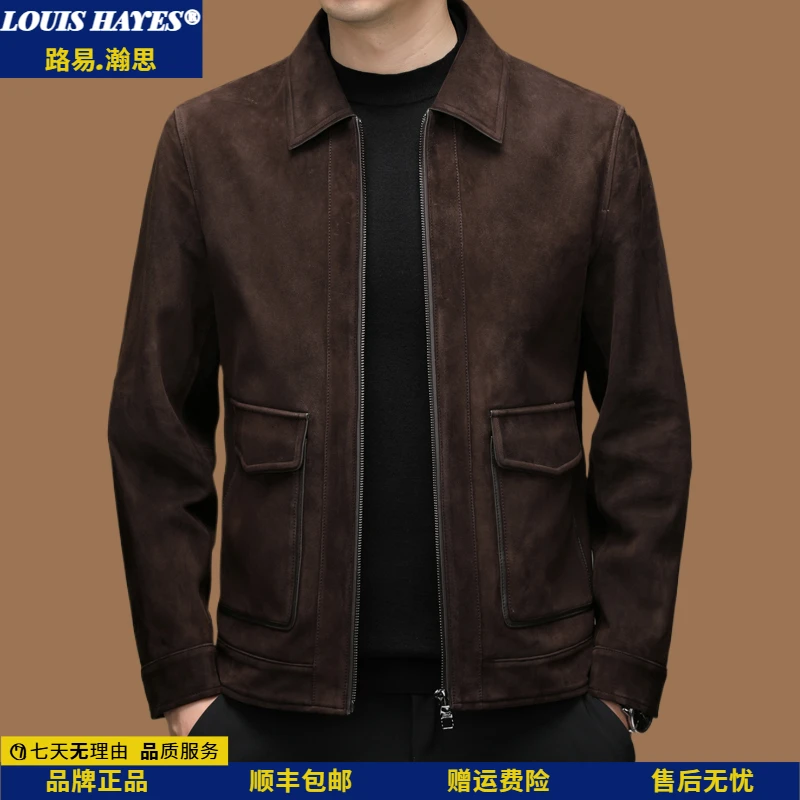 2025秋冬季复古绵羊皮翻领反绒海宁真皮皮衣男绒面工装皮夹克男装