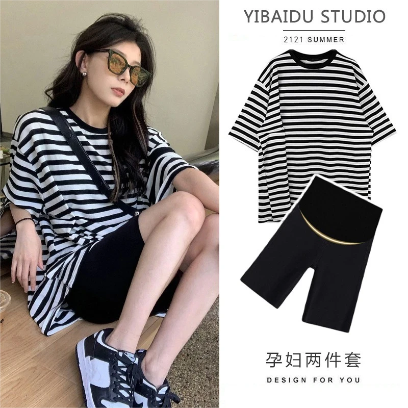 孕妇套装夏季外穿2025新款宽松中长款条纹短袖T恤薄款五分打底裤