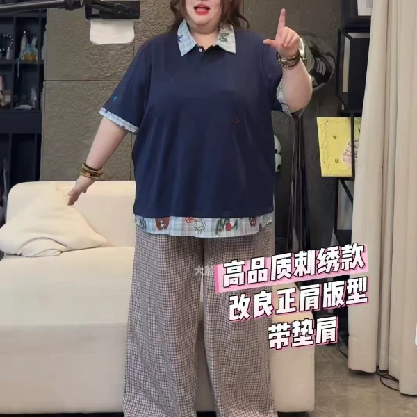 2025春季新款大码女装学院风假两件格子拼接卡通短袖上衣T恤