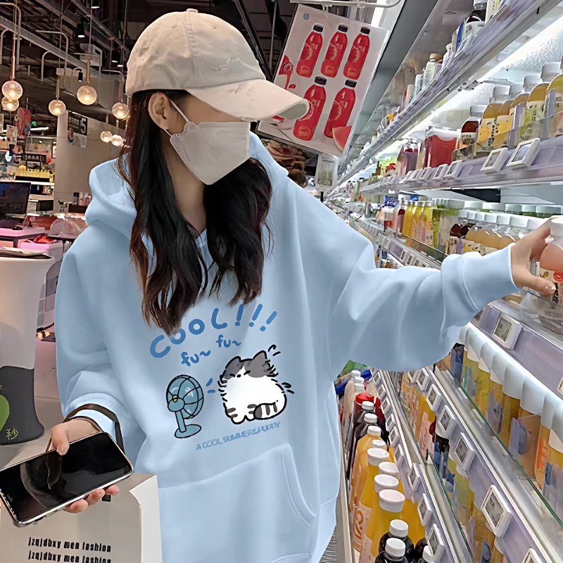 天蓝色连帽卫衣女2025冬季新款爆款加绒长袖上衣遮屁股中长款外套