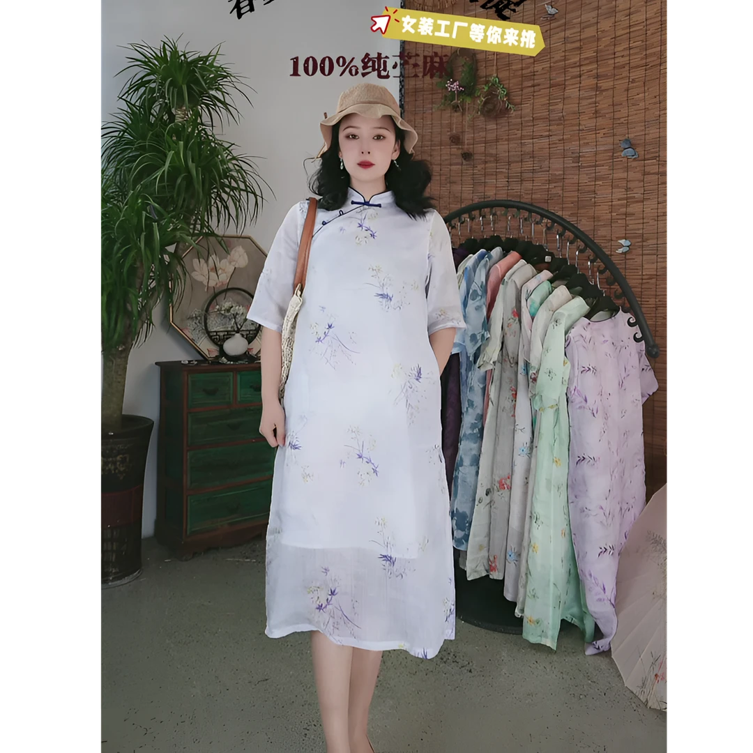 高领文艺苎麻国风斜襟中国风印花修身显瘦碎花夏季气质连衣裙