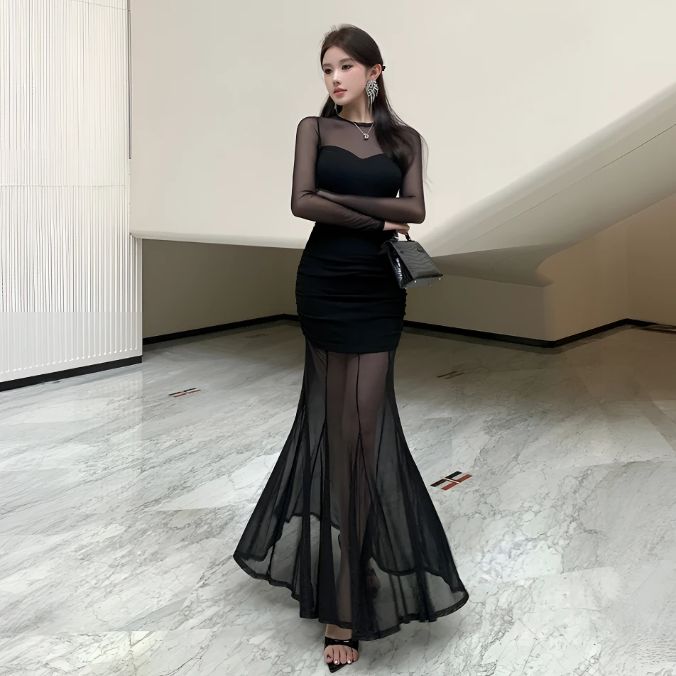 黑色御姐穿搭长袖连衣裙子女秋季辣妹收腰显瘦性感包臀鱼尾裙长裙