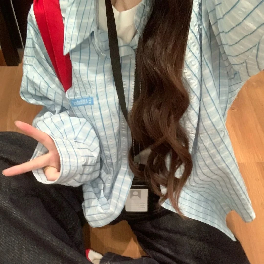 慵懒风口袋防晒长袖四季通用衬衫复古学院风格纹夏季设计感衬衣