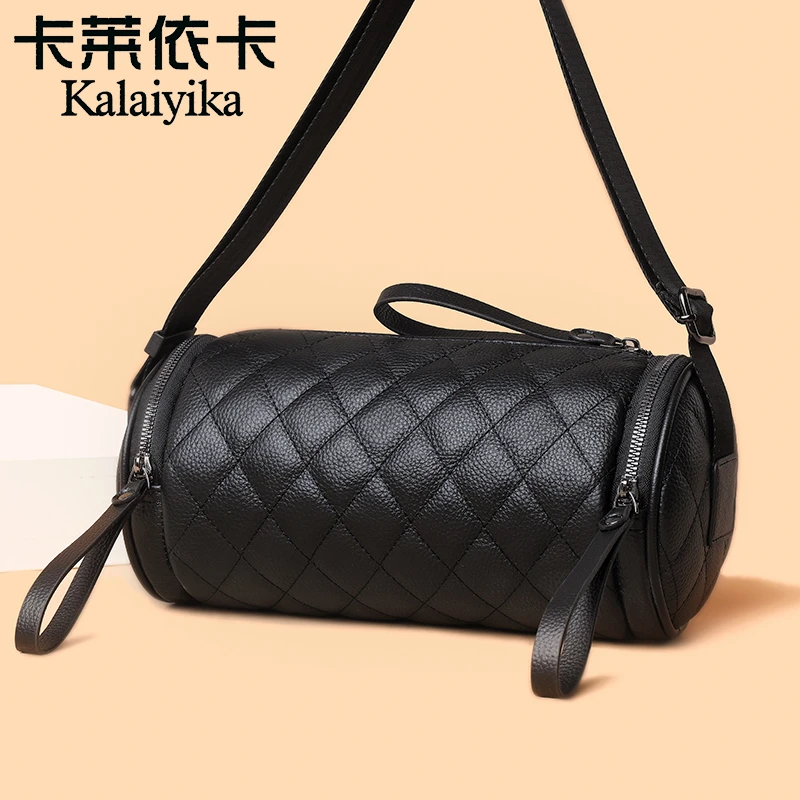 女士女款潮流牛皮圆筒包百搭斜跨包大容量休闲韩版经典单肩筒包