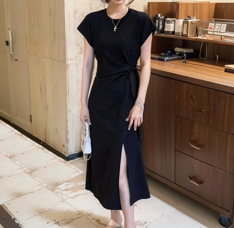 5008法式开叉小个子连衣裙女夏季气质收腰显瘦高级感修身长裙