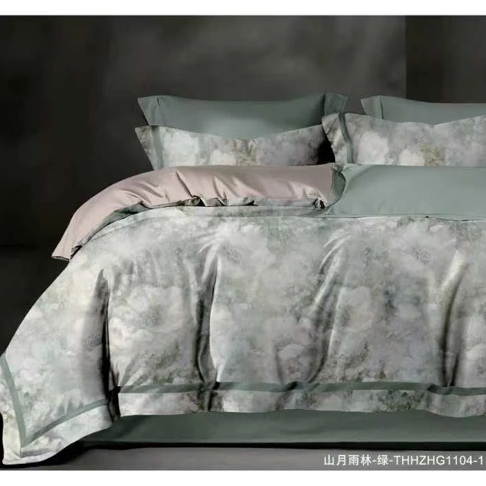 【新品尝鲜】加密超柔天丝棉金丝提花数码印花四件套-山月雨林/绿