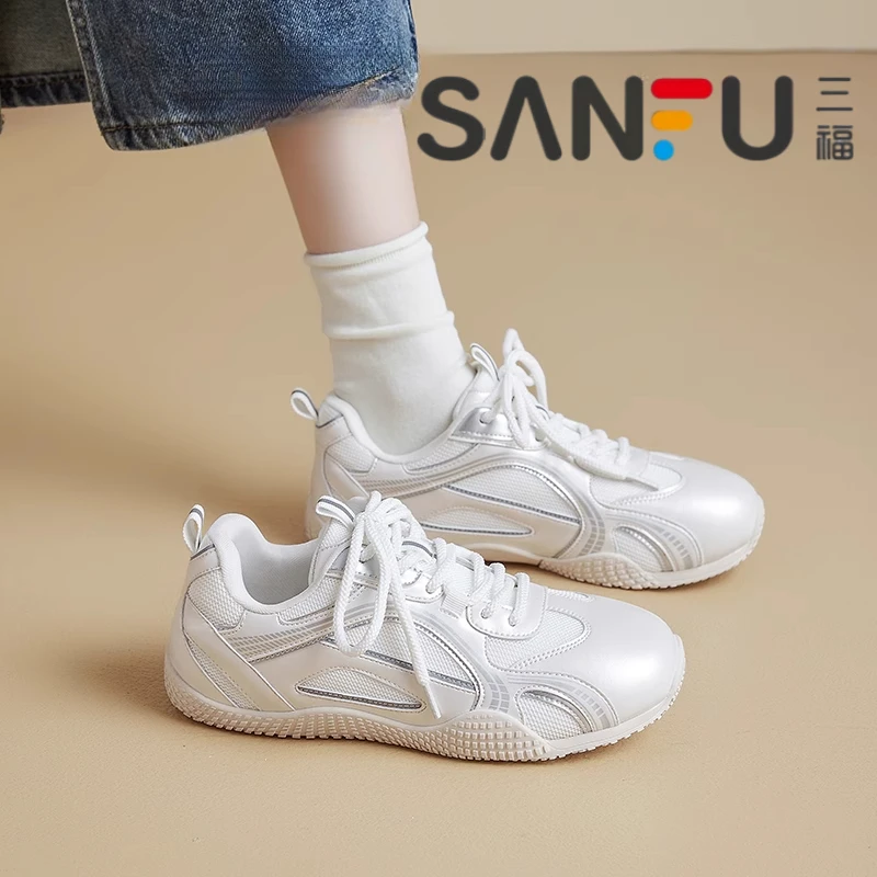 三福小白鞋女春秋2025新款芭蕾德训鞋百搭运动阿甘鞋透气休闲板鞋