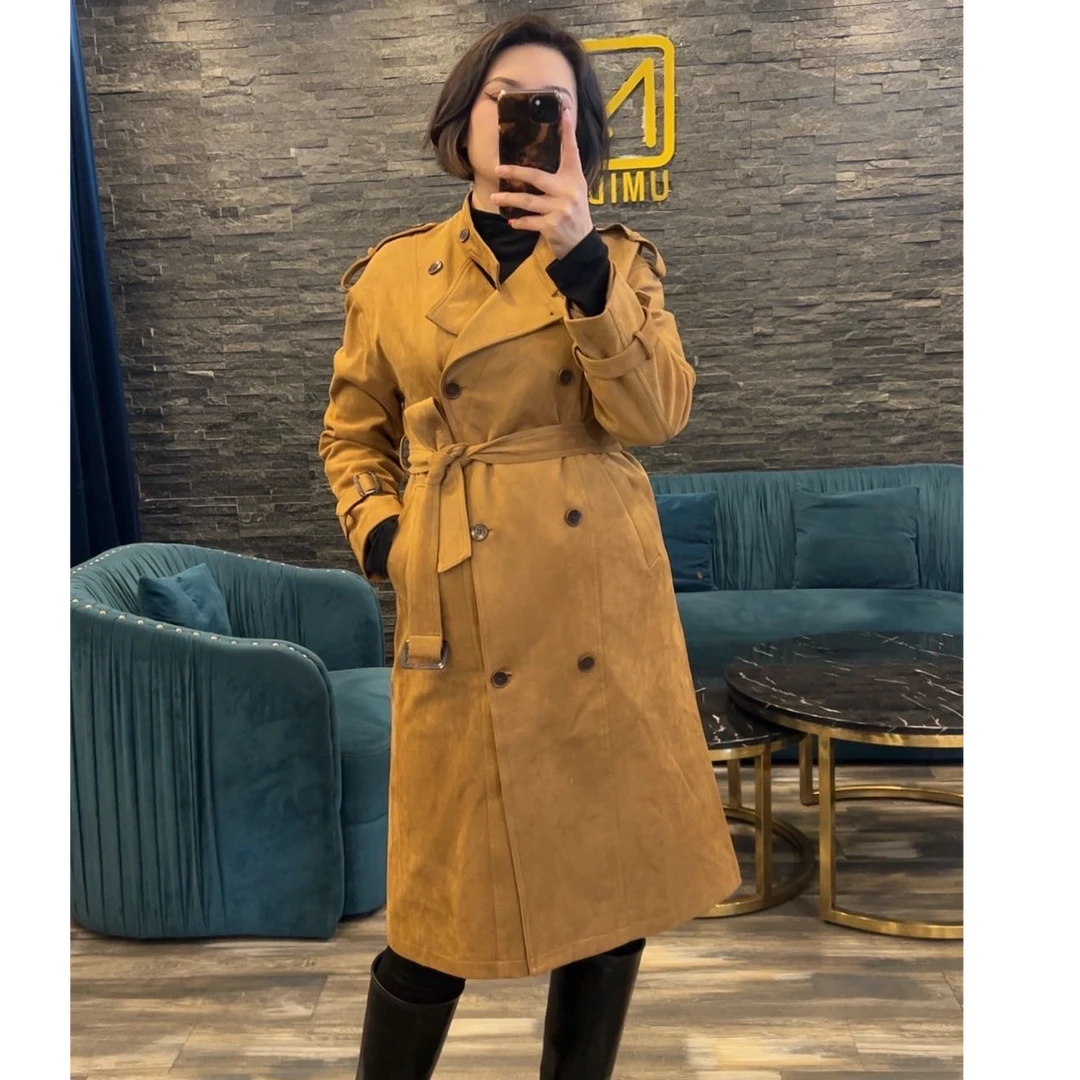 《UMIDA》气质女士时尚百搭反皮风衣卡其色秋冬中长款