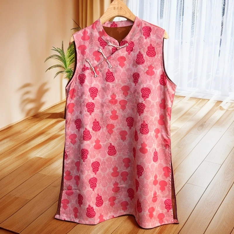 夏季立领中长款无袖常规夏款提花时尚花色中国风圆领上衣117