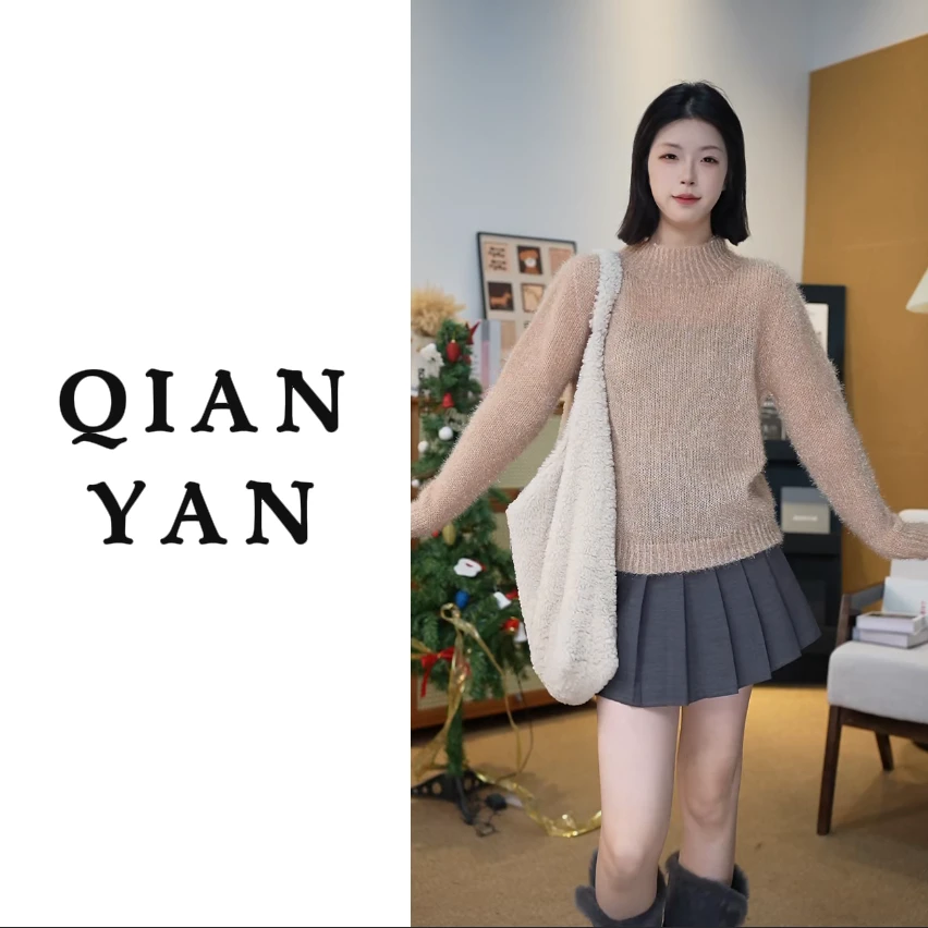 1228#针织毛针织衫秋季花纱长袖针织衫女装百搭高领毛衣