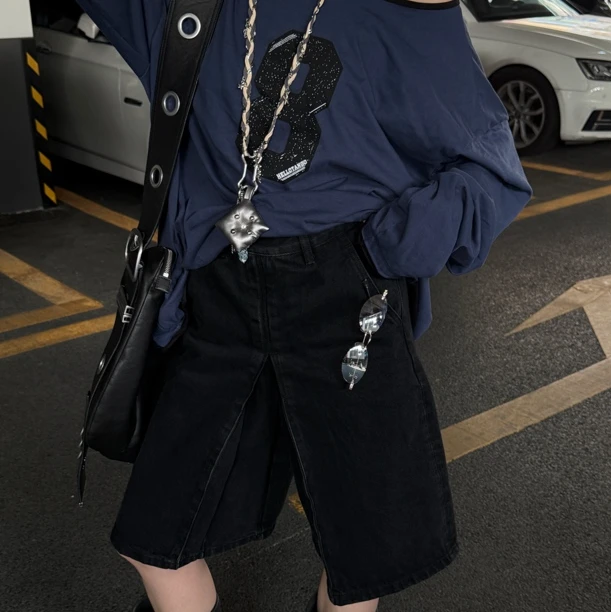 HELLOTANGO《牛津街道》小众结构感立体裁片叠褶显瘦牛仔中裤F178#