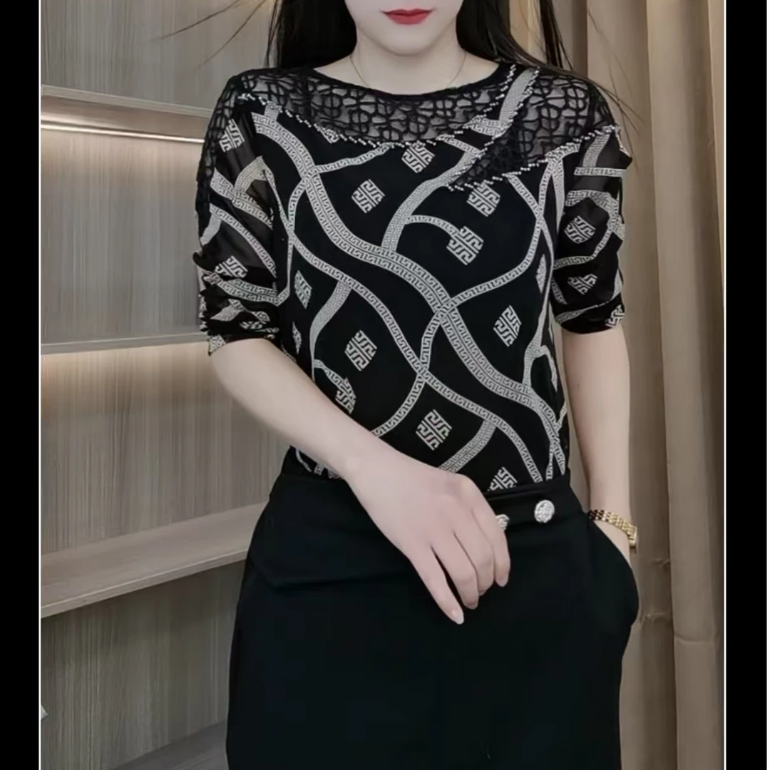 气质时尚打底衫网红洋气显瘦百搭小衫蕾丝印花上衣女士镂空B1