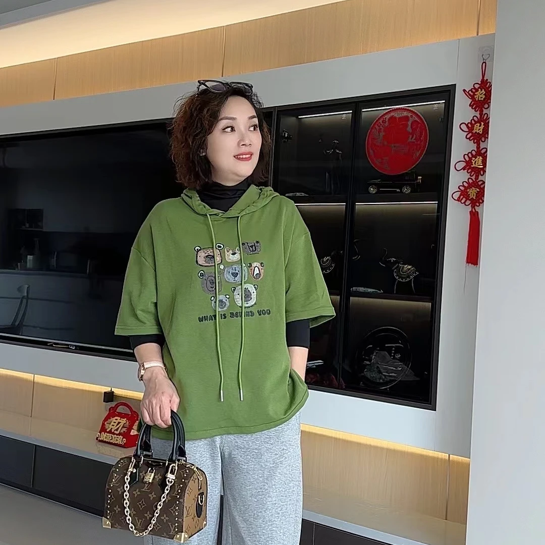 【卿她】连帽印花大版T恤2025春夏新款女时尚宽松短袖套头上衣