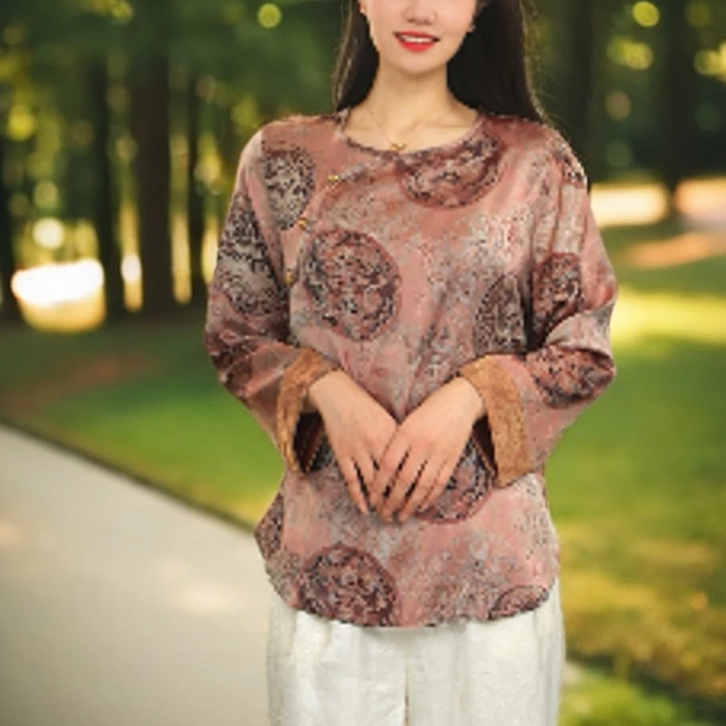 【粉咖】气质中国风时尚上衣长袖女装夏季提花开衫中式衬衫