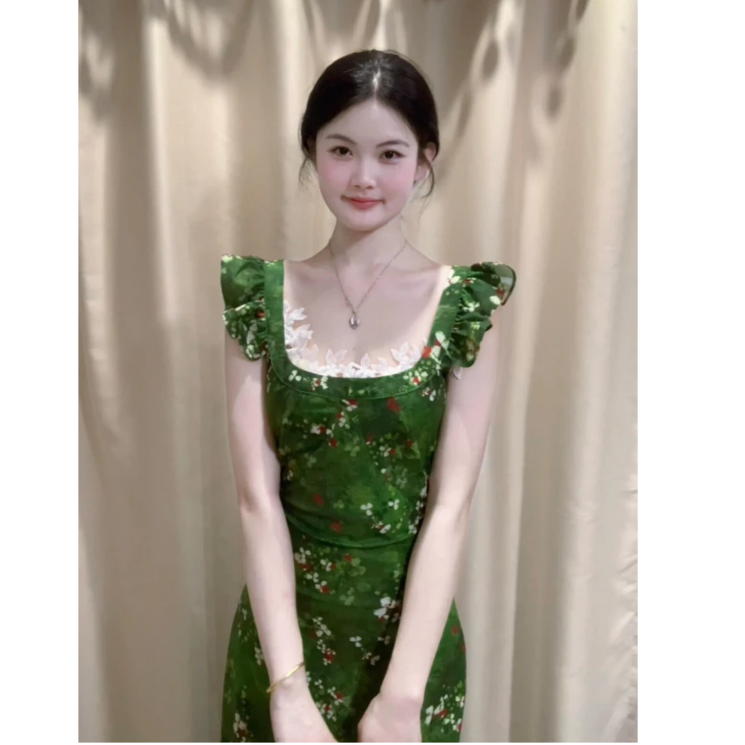 parkyeon绿色印花小飞袖连衣裙子女复古度假风气质修身包臀裙