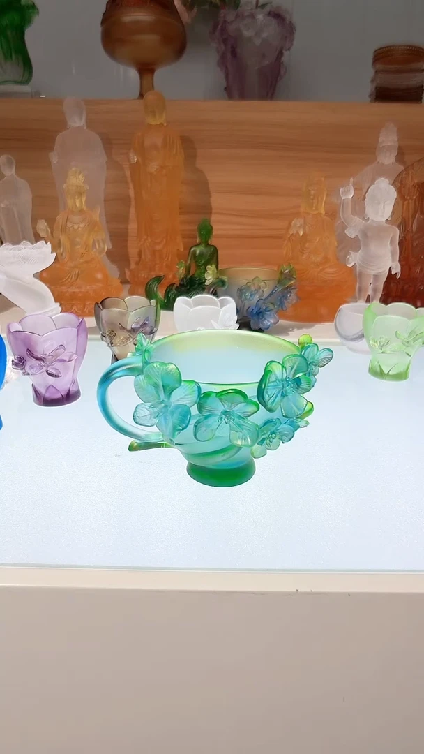 手工艺品琉璃台****鱼彩绿色花杯