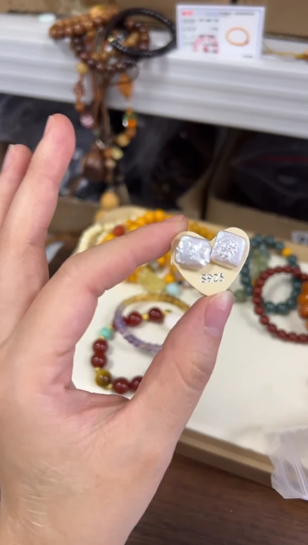 银S925镶嵌淡水珍珠耳饰孤品巴洛克淡水珍珠银耳钉[1979]