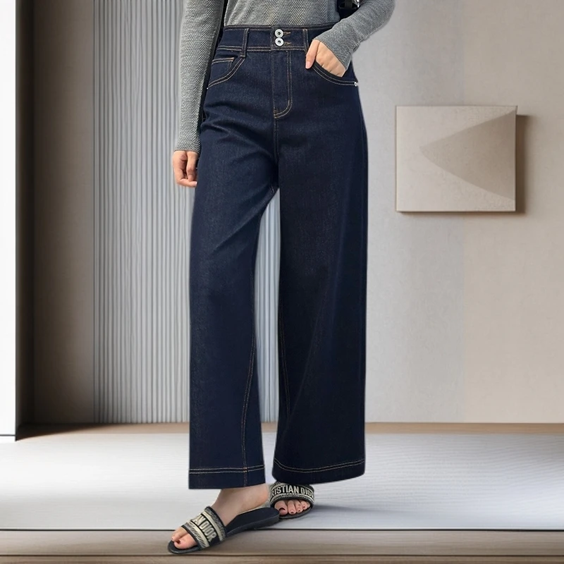 丹宁蓝简约长裤2025早秋小个子炸街潮款微胖女生大码禅意牛仔裤子