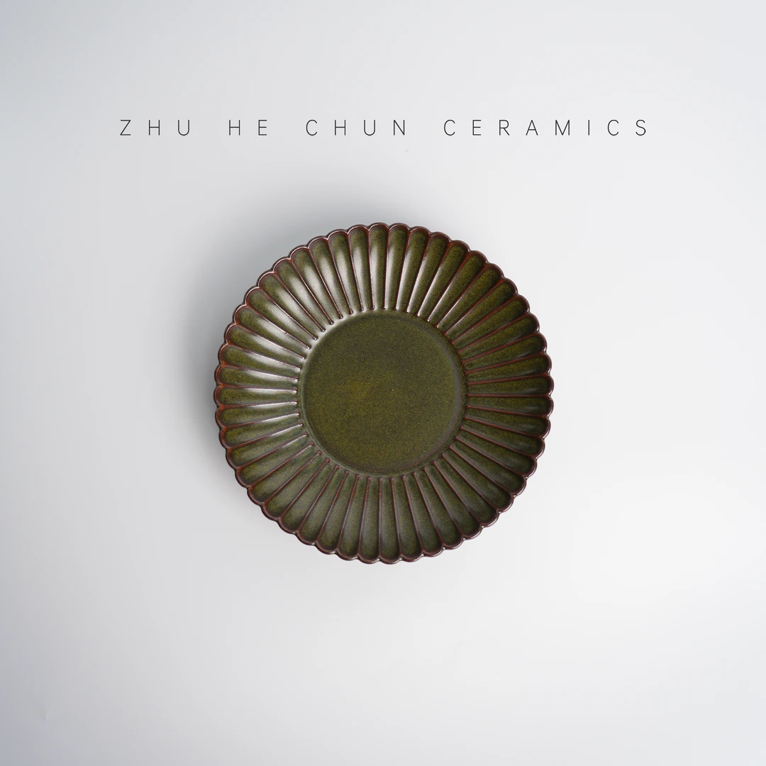 茶叶末釉菊瓣盘 蛇皮绿 观赏摆盘 景德镇手工柴窑