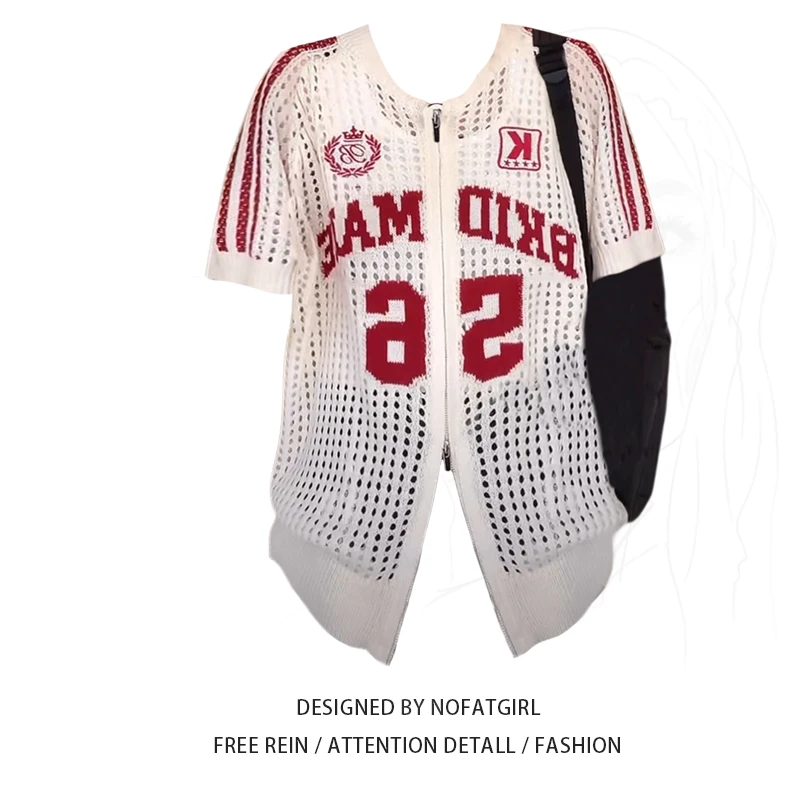 大码胖妹妹国潮美式球衣风针织镂空透气小众设计短袖T恤休闲夏季