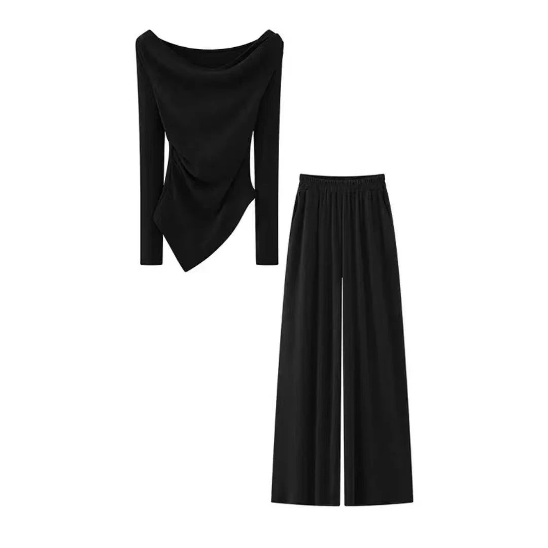 女士新款不规则褶皱长袖上衣松紧休闲裤两件套