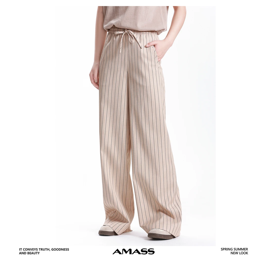 AMASS/阿玛施5100552-1 休闲风春款高腰松紧腰垂感直筒裤凉爽舒适