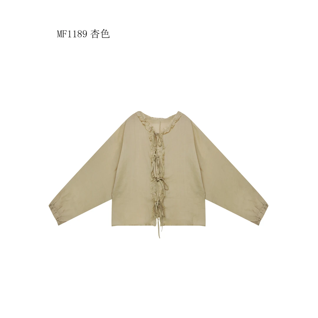 【麻訪家】MF1189杏色文艺简约木耳边百搭长袖开衫上衣
