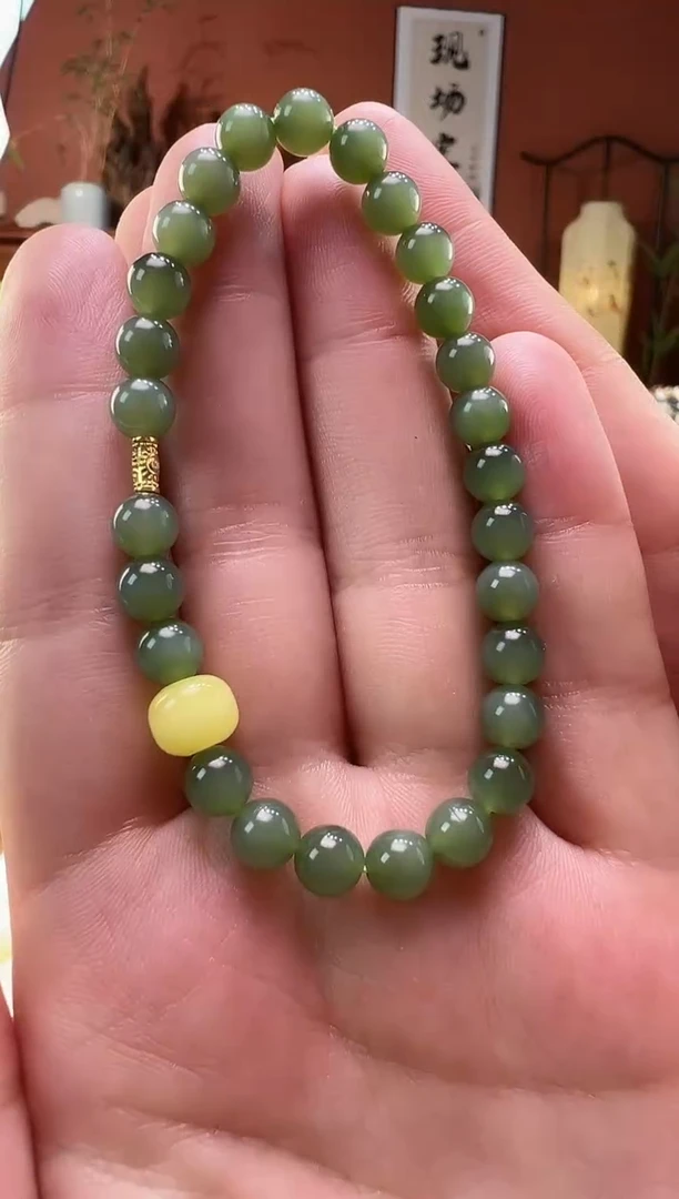 【闪购商品】和田玉（碧玉）手串18K金镶嵌粉青6mm