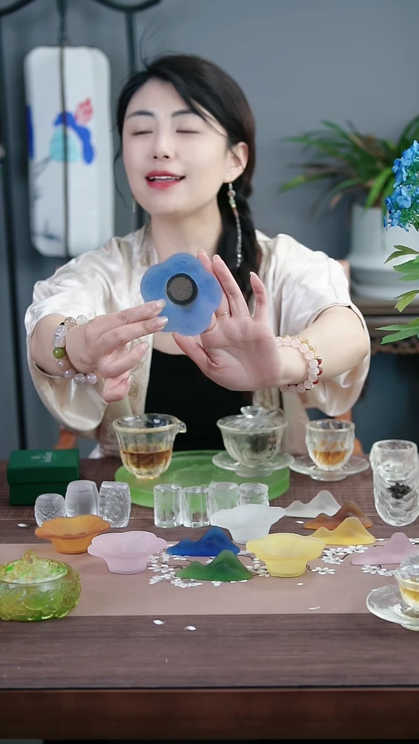 茶盏古法琉璃蓝色花瓣蝴蝶雕花磨砂造型茶漏