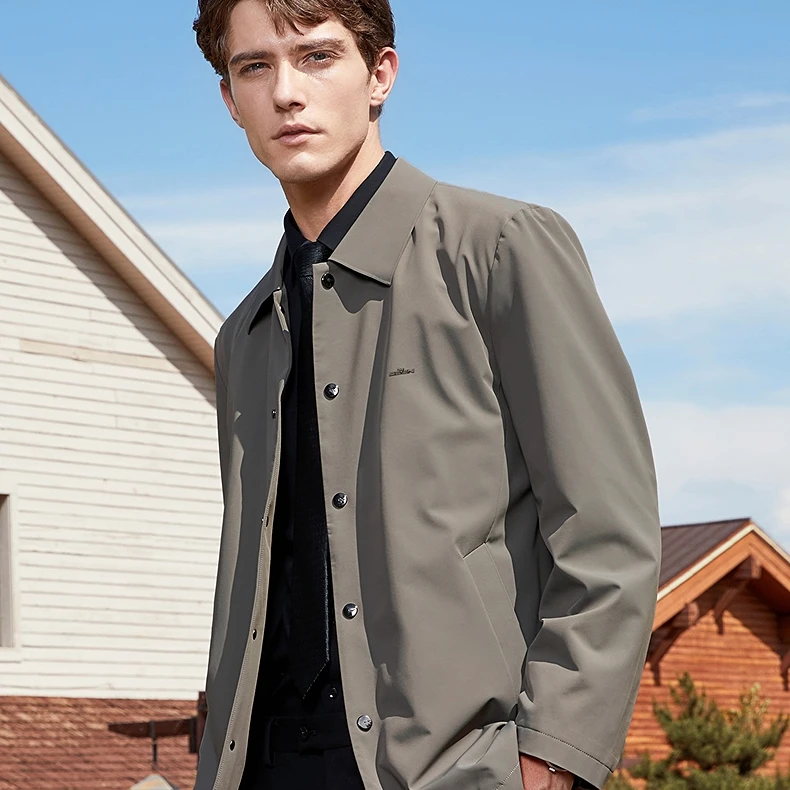 柒牌男装夹克男士中长款商务翻领简约风衣休闲男外套125K70090