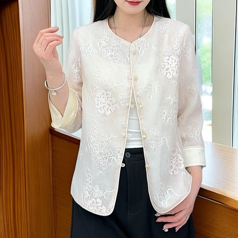 新品新中式纱网刺绣提花开衫轻薄外套轻奢重工高级感上衣