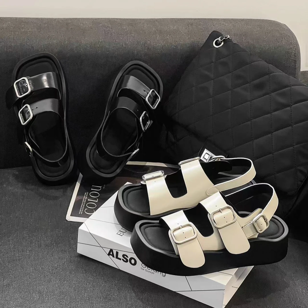 厚底罗马凉鞋女夏季新款时尚露趾皮带扣软底百搭平底沙滩鞋25071