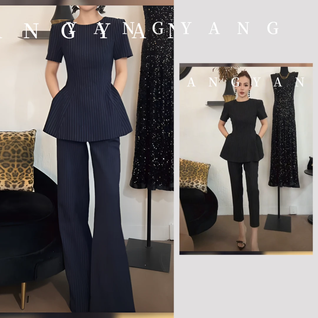 YANGYANG 夏季短袖新款洋气衣服新款时尚修身竖条纹女装套装