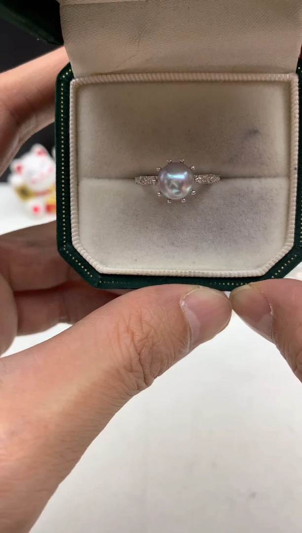银S925镶嵌ff海水珍珠akoya灰珠戒指7~8mm
