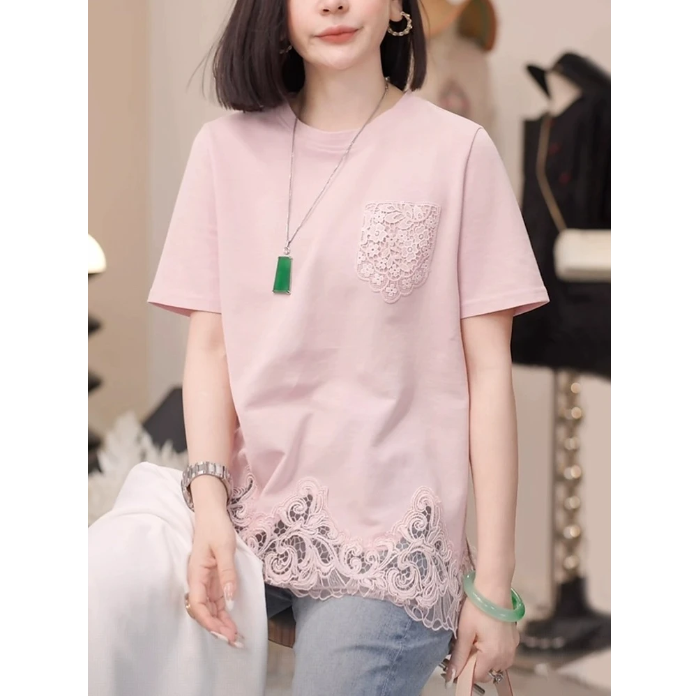 粉色t恤女短袖2025夏季新款时尚减龄宽松显瘦设计感蕾丝镂空上衣