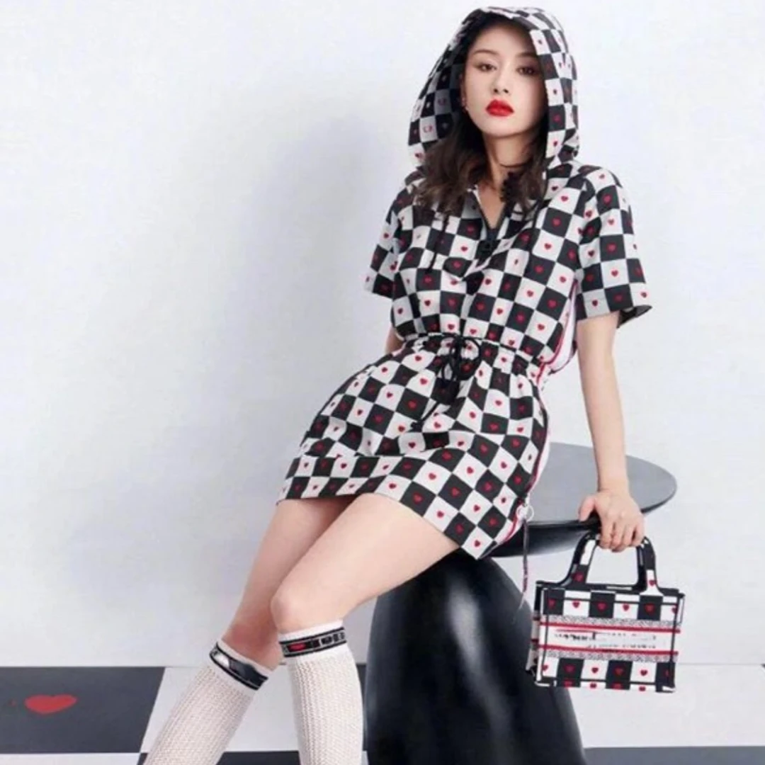 全新未使用 DIOR/迪奥 连帽短款格子短袖连衣裙/36码