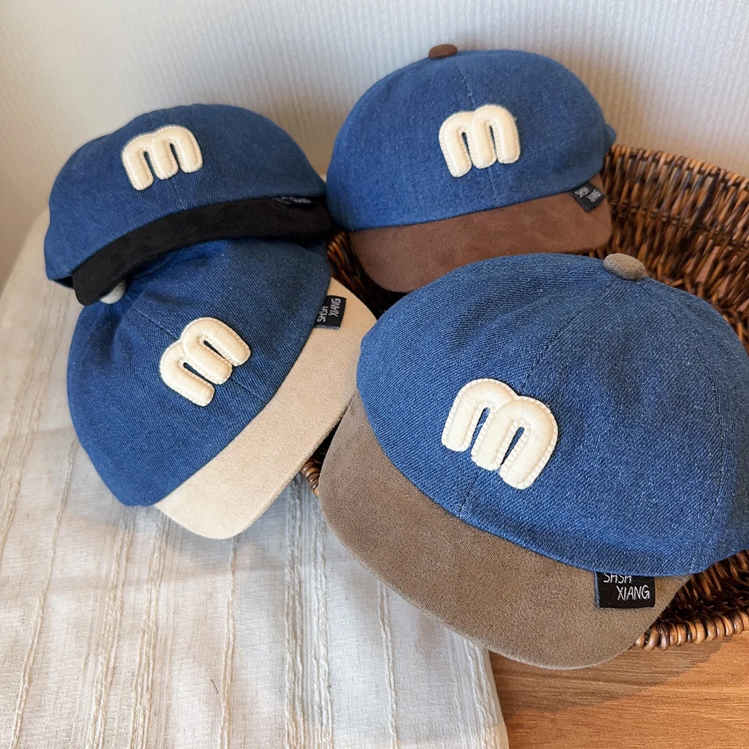 秋季个性水洗牛仔字母m撞色极简小童棒球帽男宝宝婴儿酷帅鸭舌帽